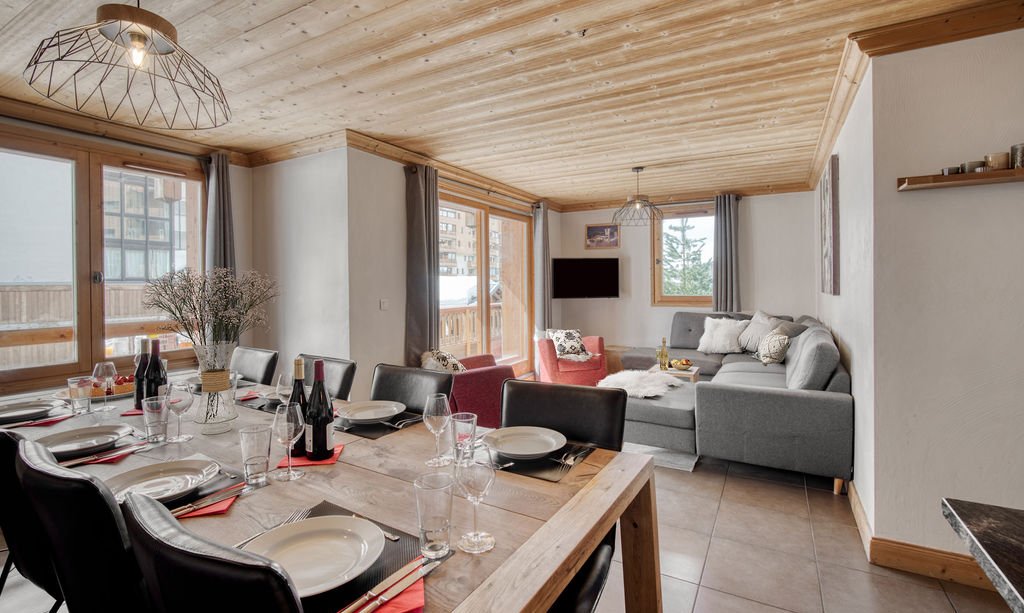 The Dining and Living area in Catered Chalet Sabot Val in Thorens The Dining and Living area in Catered Chalet Sabot Val in Thorens