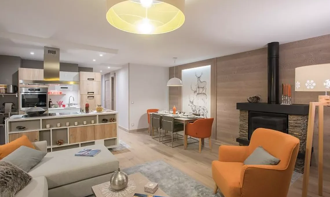 The Living, dining and kitchen areain a 2 bedroom aparment in Residence L'Hevana Meribel The Living, dining and kitchen areain a 2 bedroom aparment in Residence L'Hevana Meribel